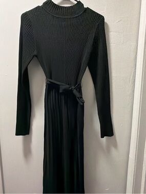 SHEIN Black Ribbed Long-Sleeve Midi Dress with Waist Tie